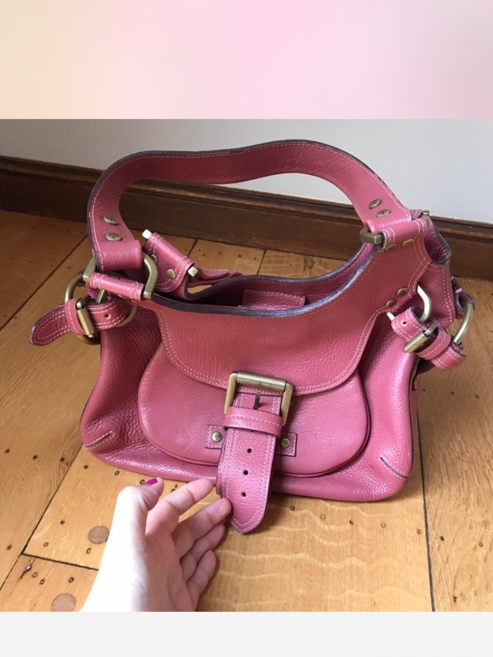 Mulberry Pink Leather Shoulder Bag with Buckle Front